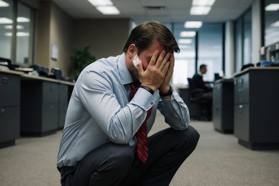 Funcionario llorando de rodillas en mitad de la oficina