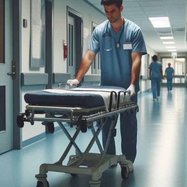 Celador empujando una camilla en un pasillo de hospital