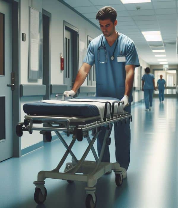 Celador empujando una camilla en un pasillo de hospital